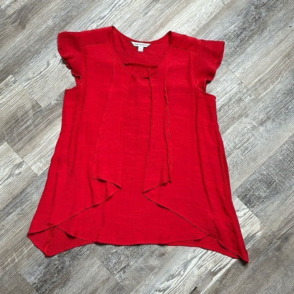 Counterparts Red Flowy‎ Blouse Flutter Sleeve Tie Neck Top Size L (WA-1576)